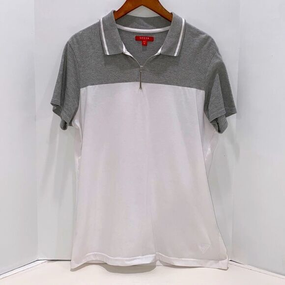 Guess Men's 1/4 Zip Casual Polo Gray & White Short Sleeve Shirt Size M - Picture 1 of 6